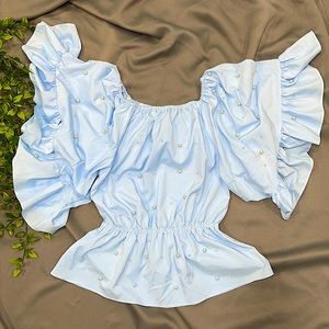 Baby Blue Pearl off the shoulder Shirt Womens spring Baby shower, party event